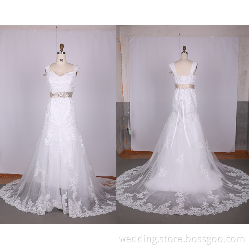 A-Line Two Shoulders Beading Lace Wedding Dresses 2015
